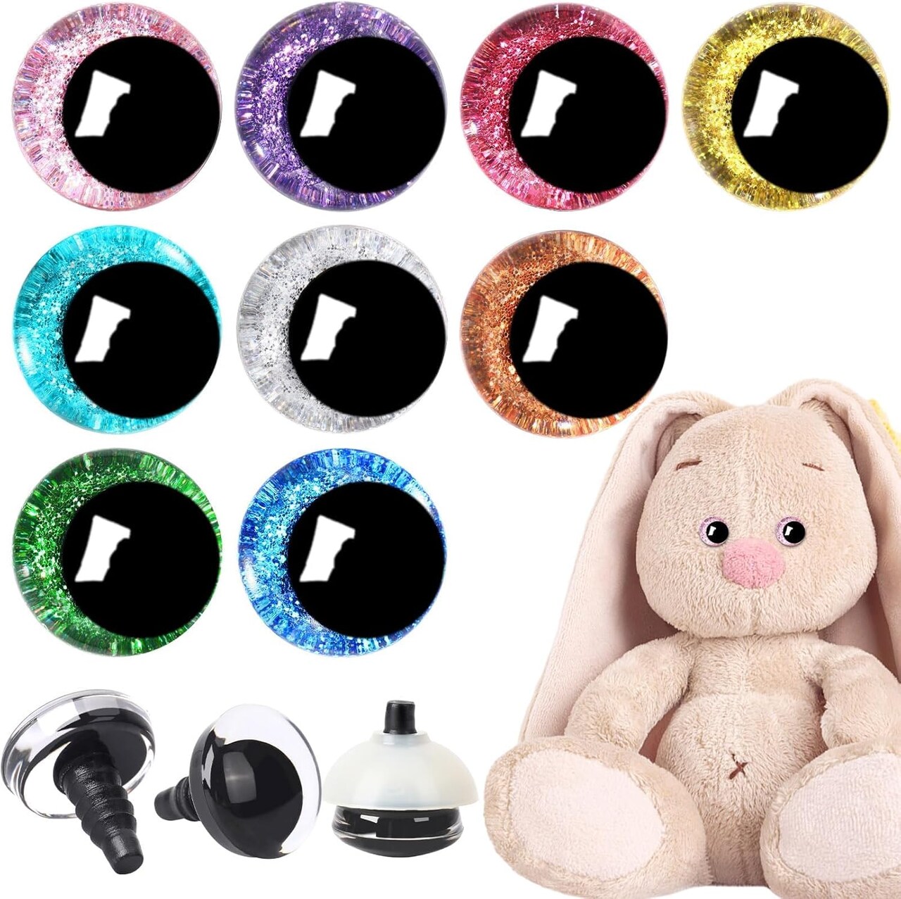 180pcs 16mm 3D Glitter Moon Safety Eyes with Washers – Multi-Color Plastic Craft Eyes for Amigurumi, Dolls, Stuffed Animals, Puppets & DIY Projects (9 Colors)